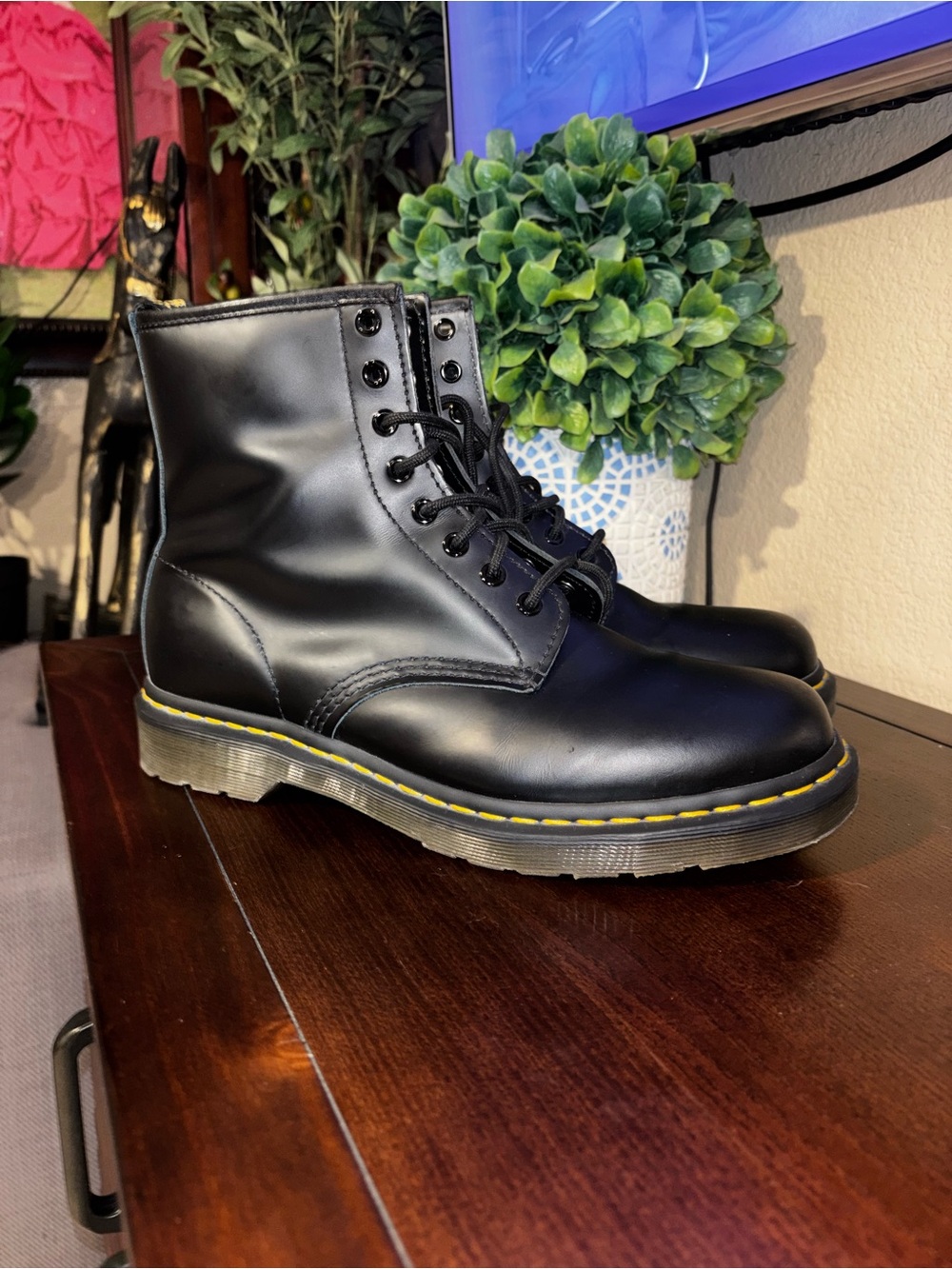 Dr. Martens Black Leather Lace-Up Boots with Yellow Stitching